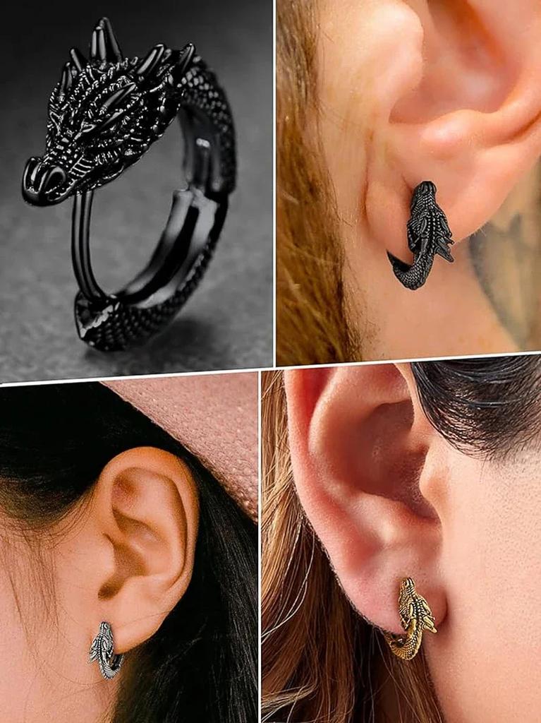 Vintage Animal Dragon Design Hoop Earrings for Men Three Color Available Temperament Accessories Personalized Jewelry