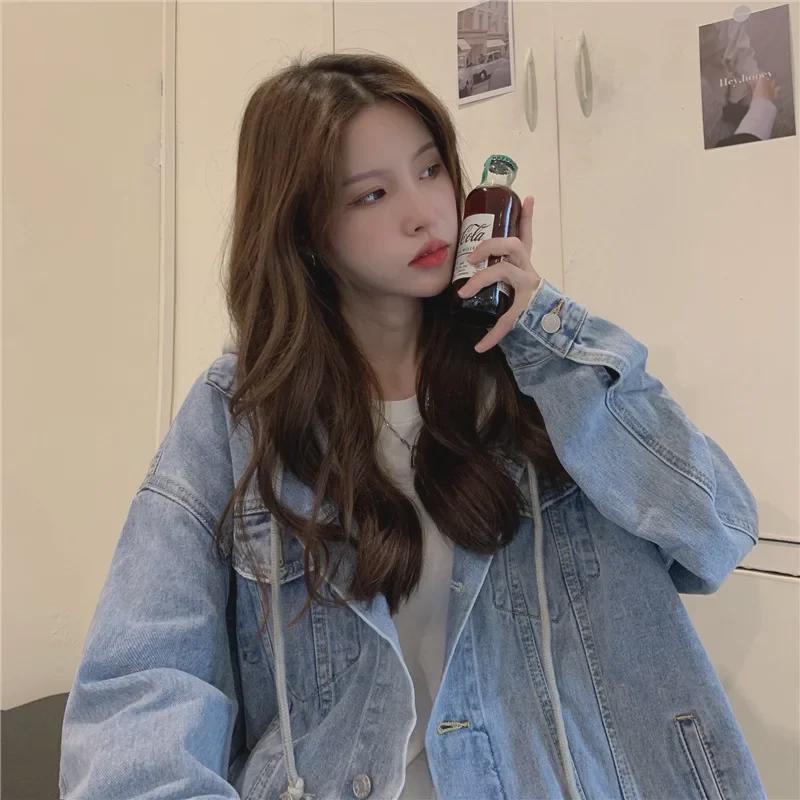 Women's Light Hooded Denim Jacket - Spring/Autumn 2025 Korean Style, Casual Loose Fit