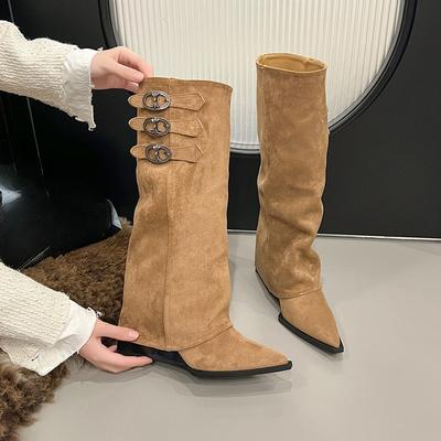 Western Cowboy Pointed Toe Boots Women Autumn Winter Retro Metal Buckle Decorated Suede Tall Skinny Knight Boots