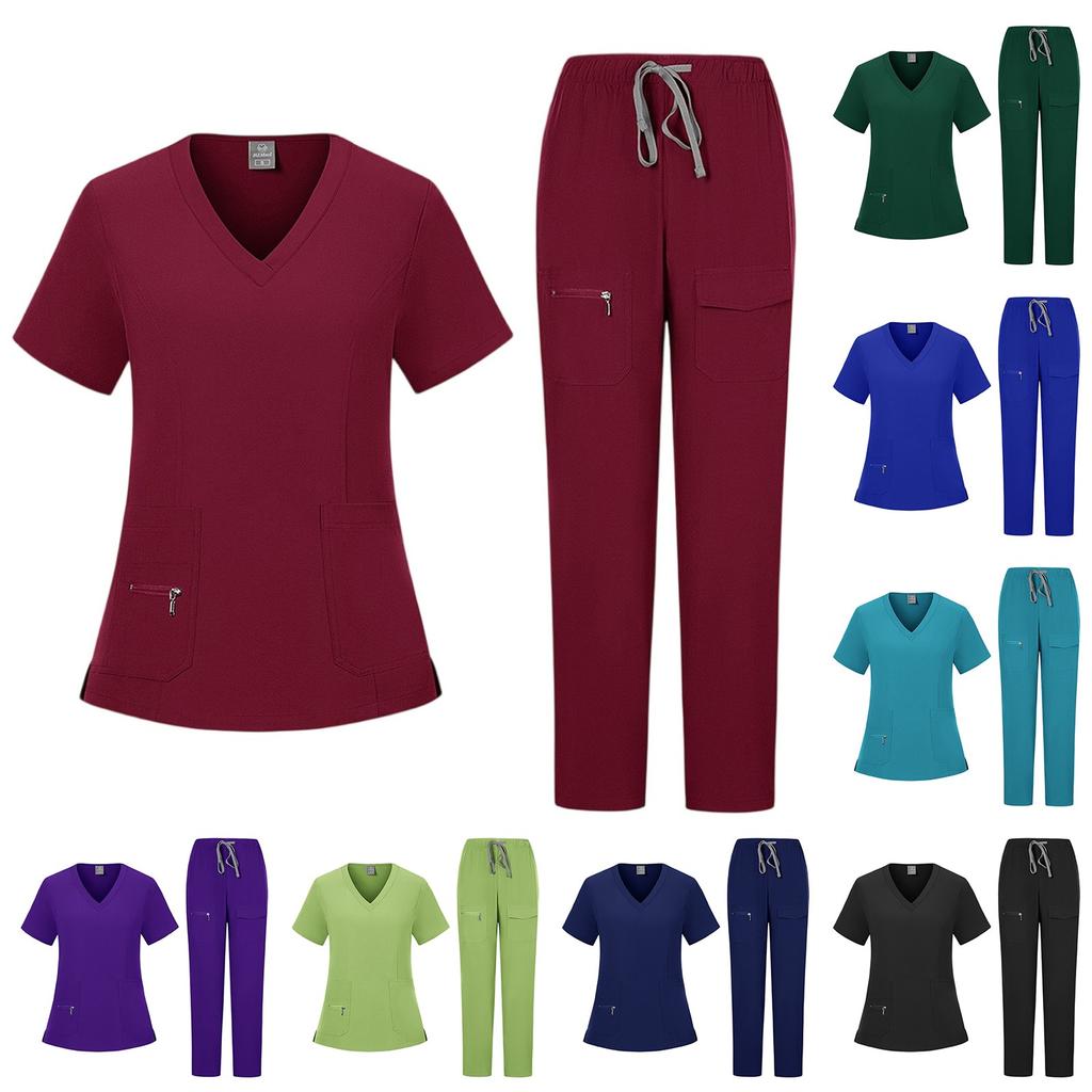 Women's Short Sleeved Solid Color V-Neck Pocket Top Pants Work Clothes Two Piece Set