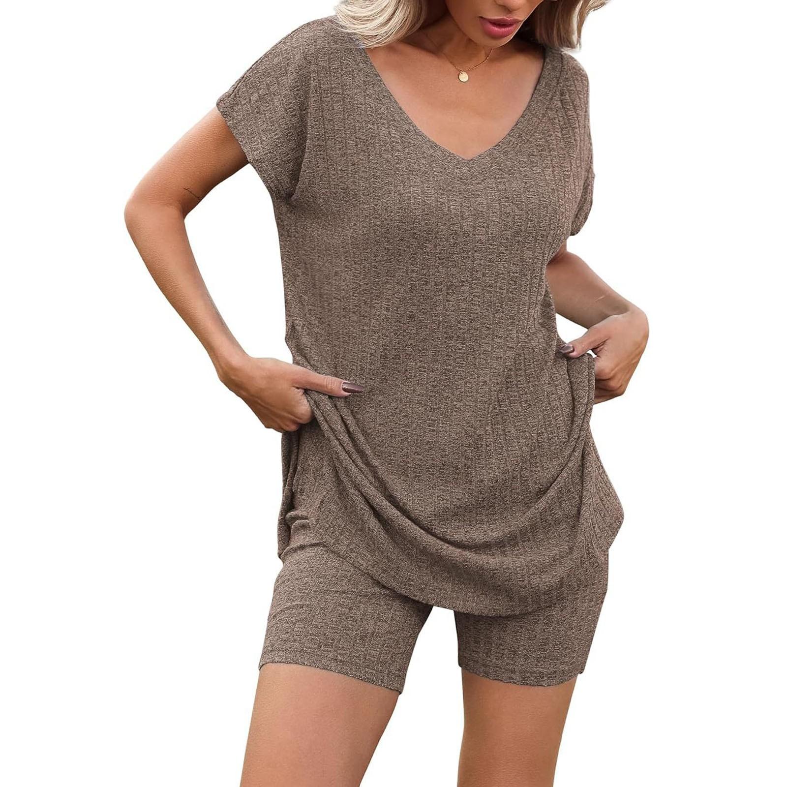

Женский летний комплект из двух частей с шортами, трикотажный домашний спортивный костюм с V-образным вырезом XL кофейный