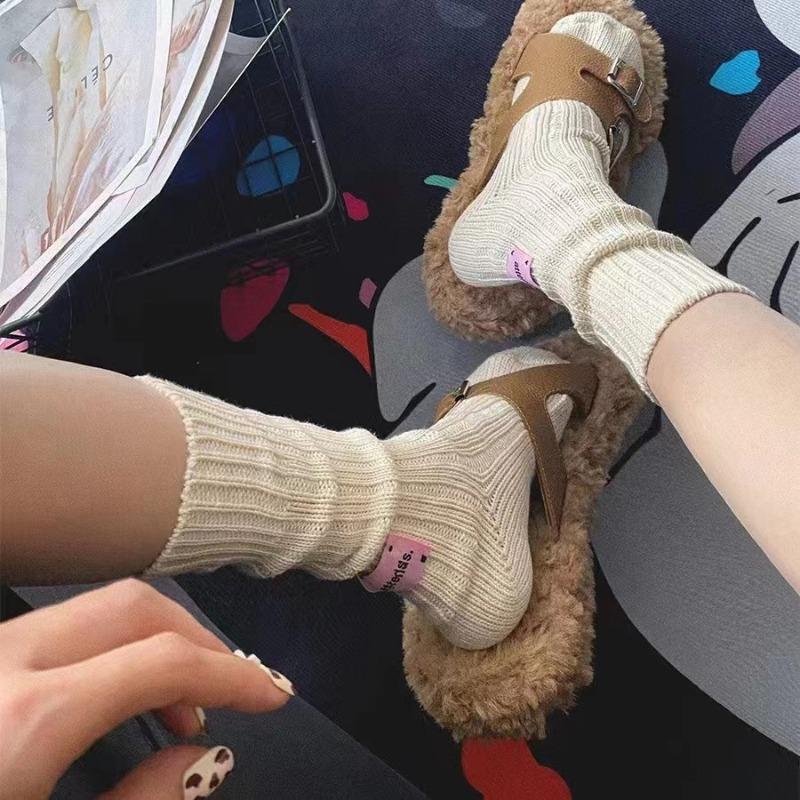 

Носки до середины икры, махровые носки, женские осенне-зимние этикетки, однотонные чулки из грубой шерсти, вязаные носки 1 pair бежевый