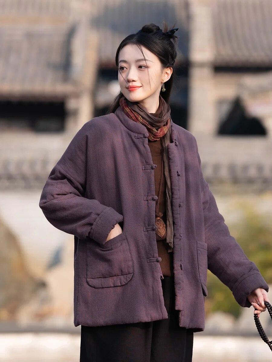 

Johnature женские винтажные однотонные парки со стойкой и длинными рукавами в китайском стиле, зимние парки с карманами на пуговицах One Size