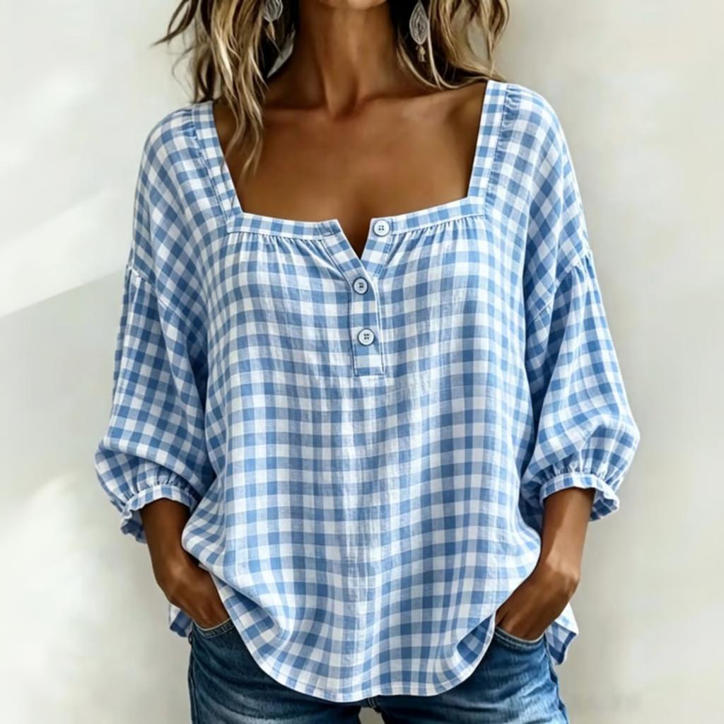 Women's Casual Plaid Three-Quarter Sleeve Loose Fit Top