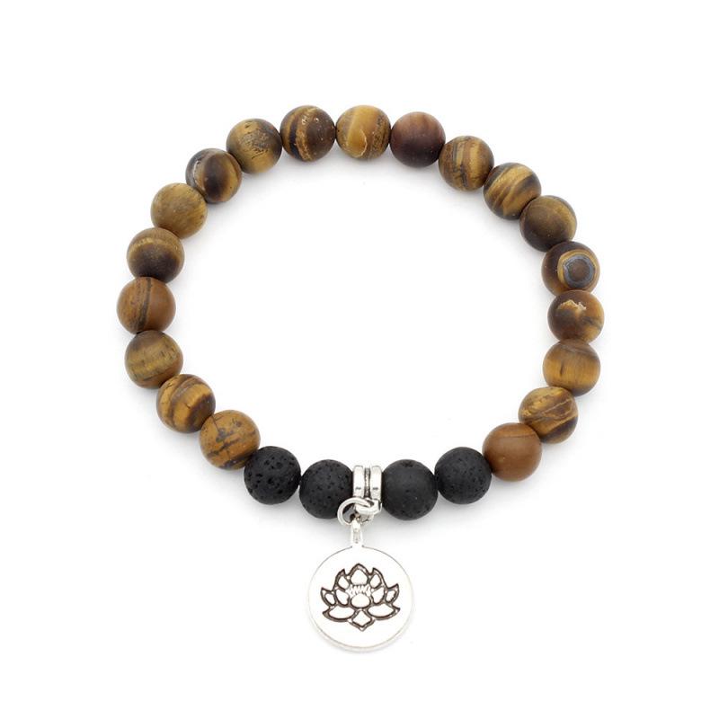 Lotus Yoga Tree of Life Pendant Mala Bracelet with Volcanic Stone & Tiger Eye