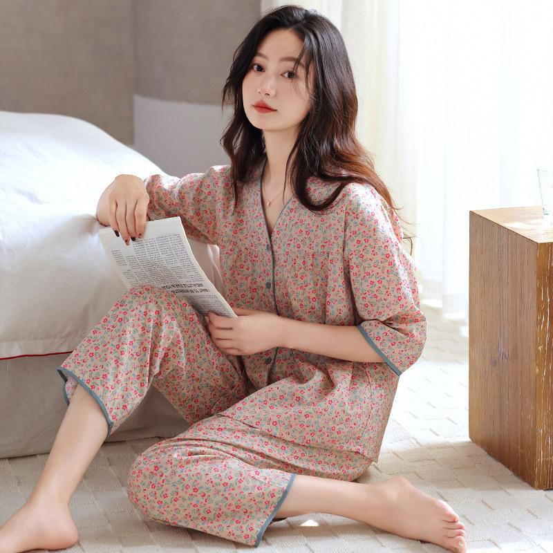 Woven Cotton Gauze Pajamas Women's Spring Cotton Seven-quarter Sleeves 1011 New Summer Cotton Mother Loungewear