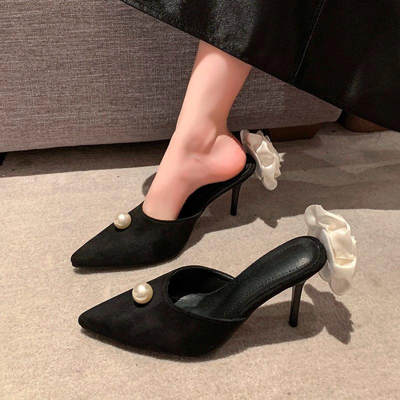 Fashion 2025 new Black High Heels Slippers Spring Pearl High Heels Stiletto Heels Women Stiletto Party Rose Sandals Shoes for Woman