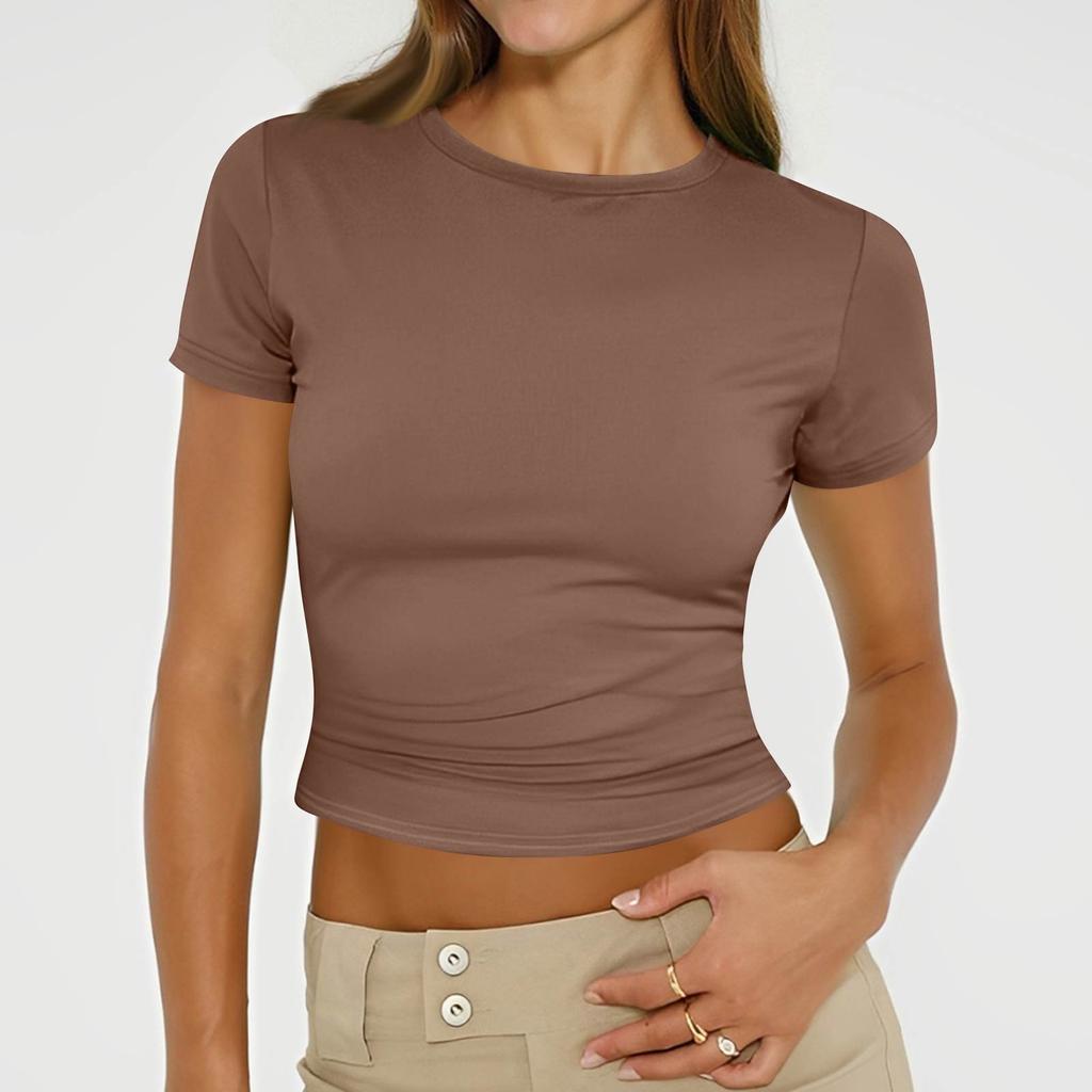 Ladies Summer Fashion Casual Color Round Neck Short Sleeve Slim Ribbed Top