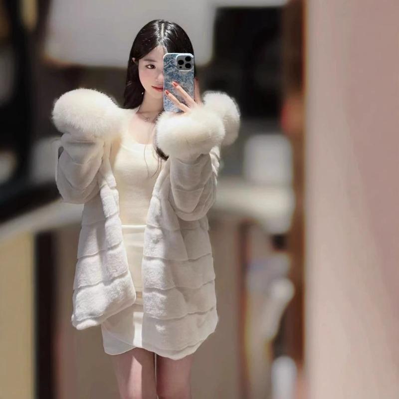 Eco-friendly fur coat women's hooded fur collar imitation fur long women's winter coat gentle celebrity