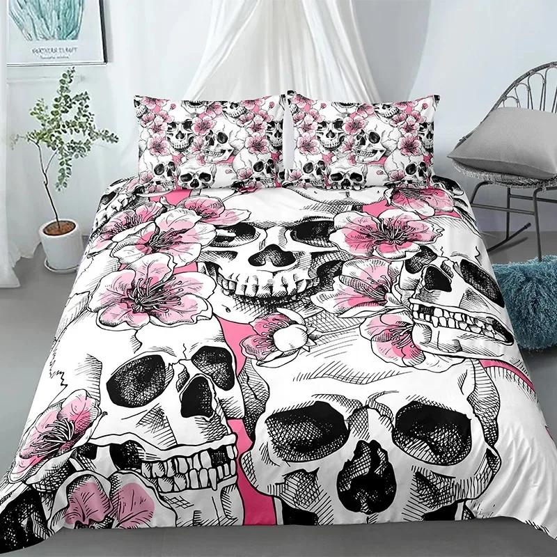 Skull Duvet Cover King, Halloween Comforter Cover,Gothic Fog Smoke Skull Skeleton Bedding Set,Grey Quilt Cover Room Decor