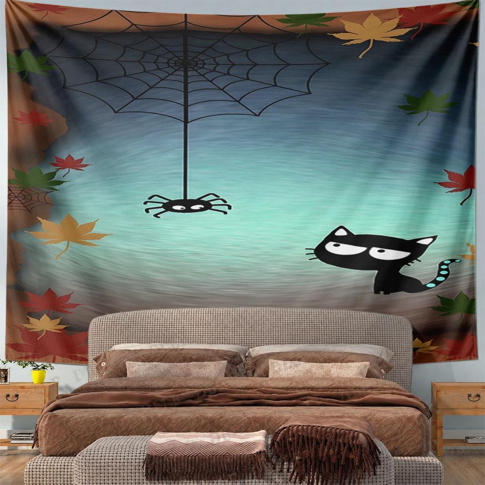 Black Cat and Spider with Autumn Leaves Pattern Wall Hanging Tapestry Decorative Tapestry Home Decor for Bedroom and Living Room