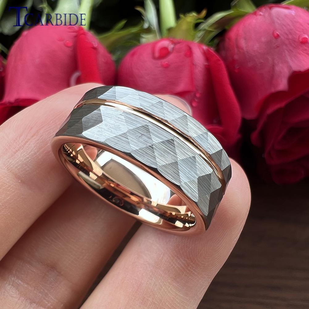 8MM Hammer Wedding Band For Men Women Multi-Faceted Brushed Offset Grooved Finish Nice Gift Jewelry Comfort Fit