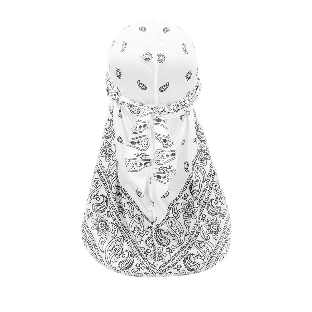 

DAZUMA durag paisley satin hip hop dance hat bandana turban pirate dancer durag tail inner cap sweatband white