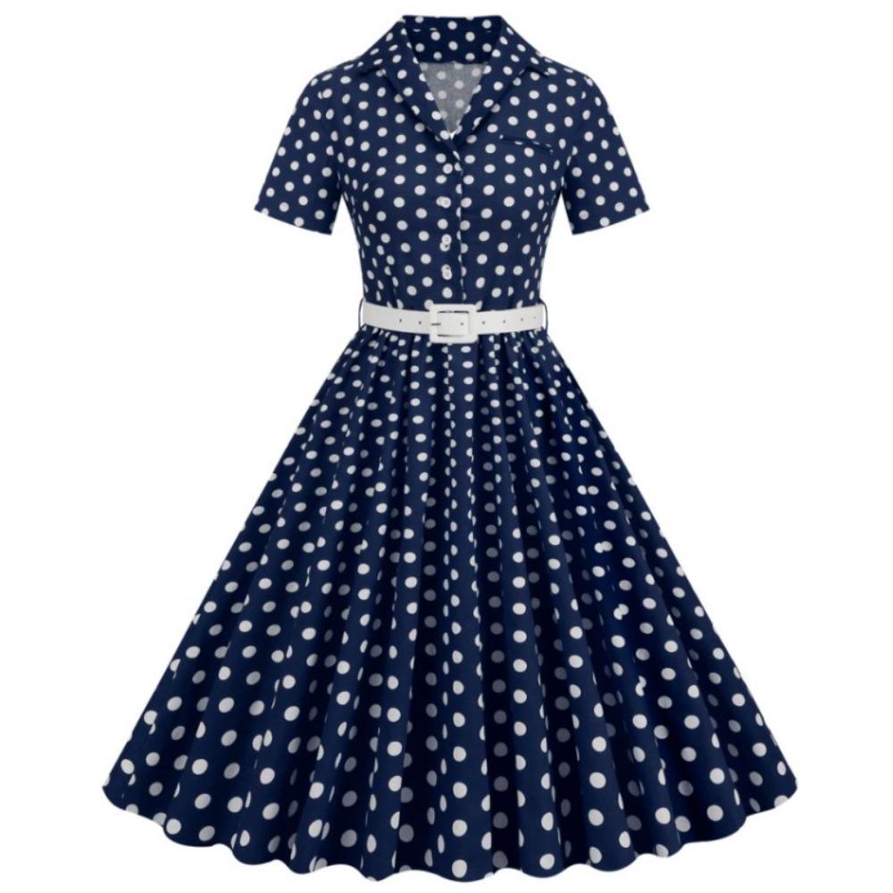 Damen Lapel Kurzarm Maxikleid A-Linie Mittlere Taille Gepunktetes Schwingkleid Vintage Freizeitkleid Mit Gürtel