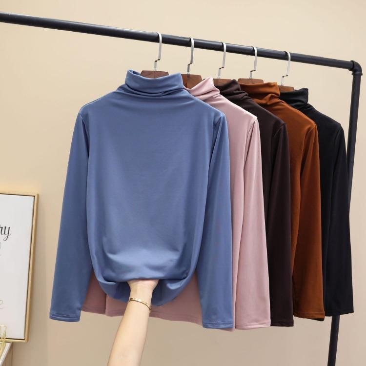 Ladies Winter Tops Women Slim Fit Long Sleeve Thick Tshirt Semi High Neck Underwear for Autumn