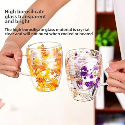 350ML Glass Cup Creative Double Wall Coffee Mug Dried Flower Filler Cups Tea Coffee Cup with Handle Heat Resistant Mug Gift