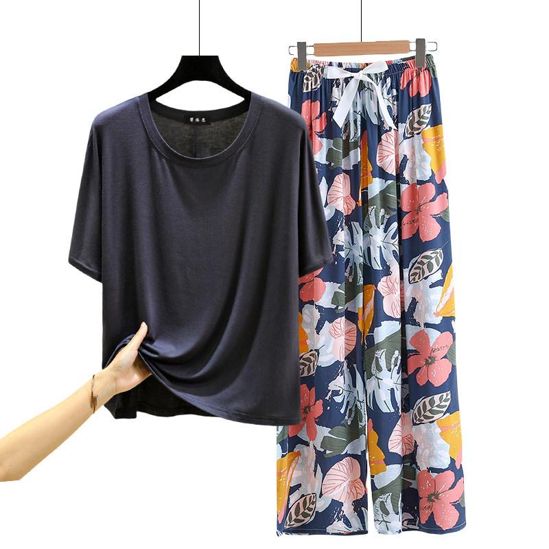 T-shirt girocollo in modal con pantaloni a gamba larga floreali in popeline Set pigiama estivo sottile Tuta casual larga per dormire Loungewear comodo tutto da abbinare