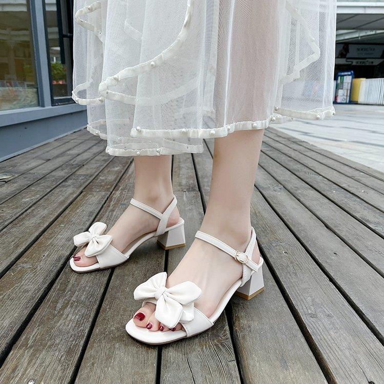 Soft leather high heels women's summer 2025 new fashion versatile bow comfortable word with thick heel sandals women