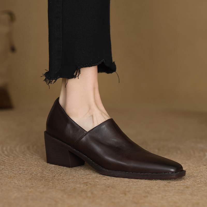 Krazing Pot Cow Skin Fashion Spring Autumn Thick High Heels Women Round Toe Office Lady Retro Fashion Pumps