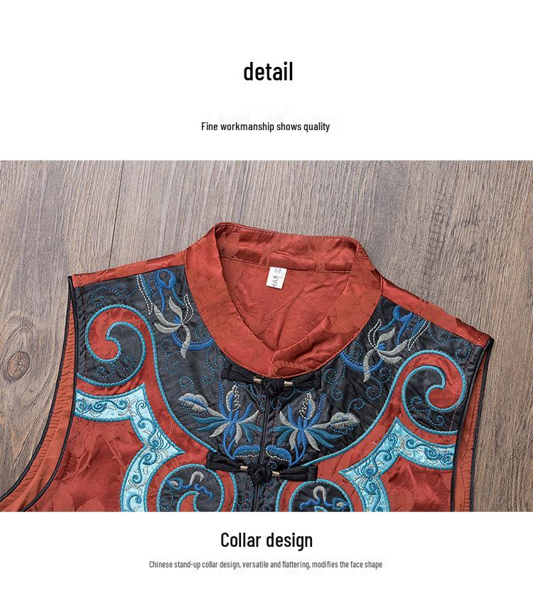 2025 Spring Ethnic Sleeveless Embroidered Cardigan Vest with Frog Buttons and Stand Collar for Women