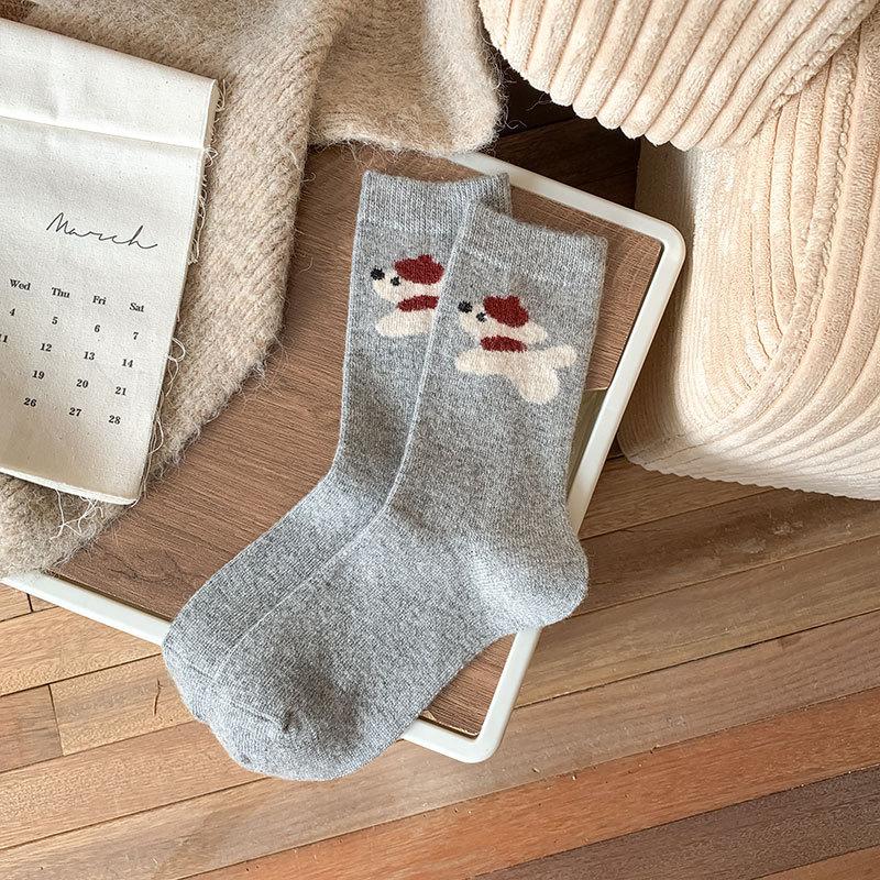 Wool Socks Children Cute Beret Cartoon Puppy Medium Tube Socks Versatile Thickened Wool Warm Pile Socks