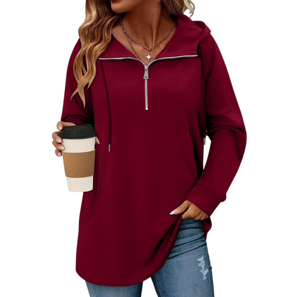 Women's Solid Color Zipper Drawstring Pocket Pullover Top Sweatshirt