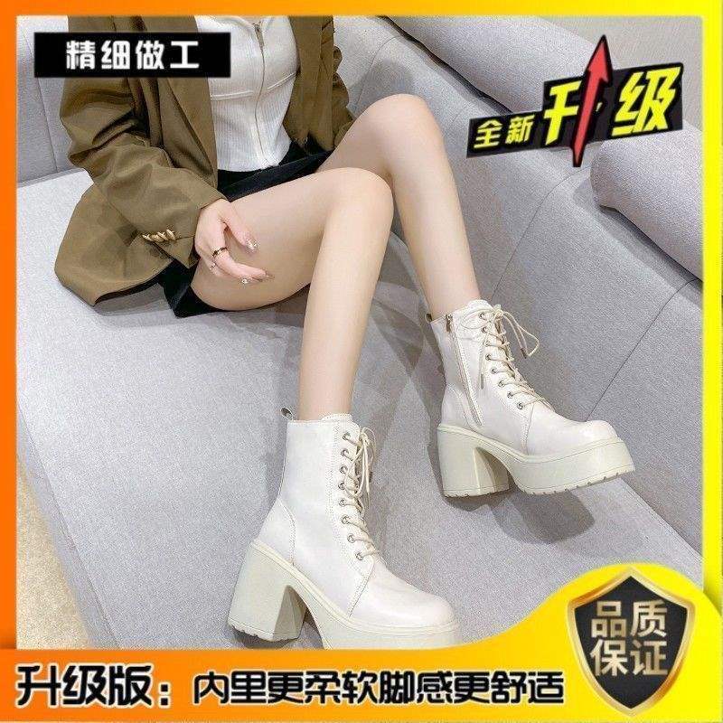 Rundkopf Schnür-Martin-Stiefel mit hohem Absatz Damen dicker Absatz 2025 Plateau Stiefeletten klein Herbst und Winter Weichlederstiefel Damen breite Füße