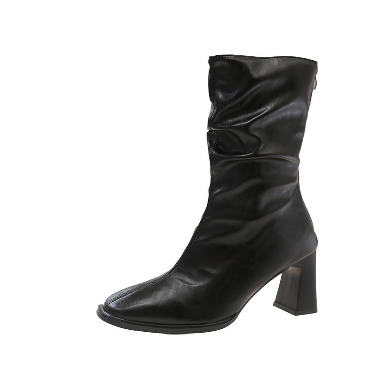 Fashion Booties Women's Autumn and Winter New Square Toe Spliced Rear Zipper Non-slip Block Heel Soft Leather Skinny Boots