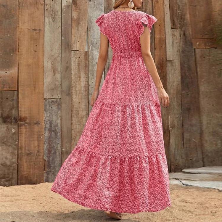Bohemian Floral Maxi Dress - V-Neck Empire Waist Patchwork