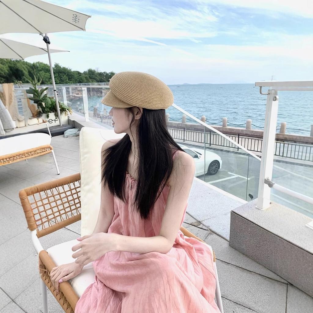 Summer pink suspender neck dress women's loose fat mm seaside dress sleeveless seaside piece clothes