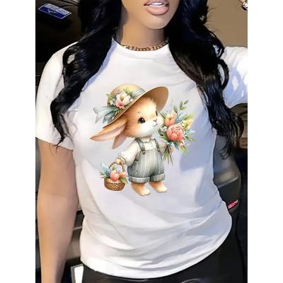 Women's Short Sleeve Round Neck Casual T-shirt Cute Rabbit and Rose Prints Perfect Gift for All Seasons Women Clothing