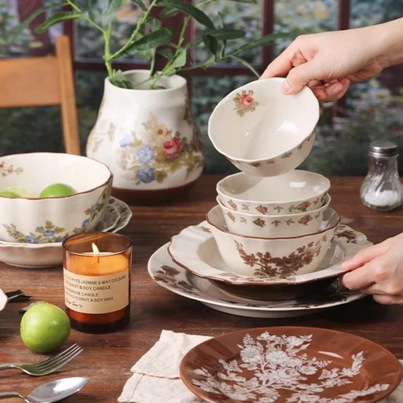 SOLECASA European Style Retro Ceramic Tableware Rose Pattern Bowl Plates Dessert Dish Spaghetti Plate Fruit Salad Bowl household