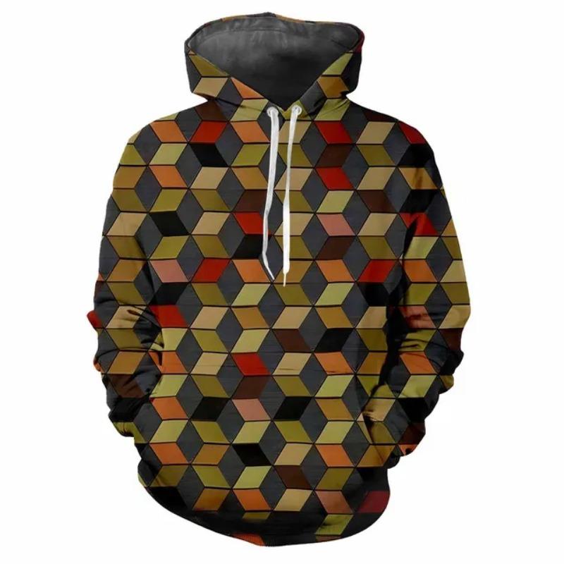 3D-gedrucktes kariertes geometrisches Muster Herrenmode Lässiger Hip-Hop Personalisierter Hoodie Neutraler Übergroßes Sweatshirt im Retro-Stil