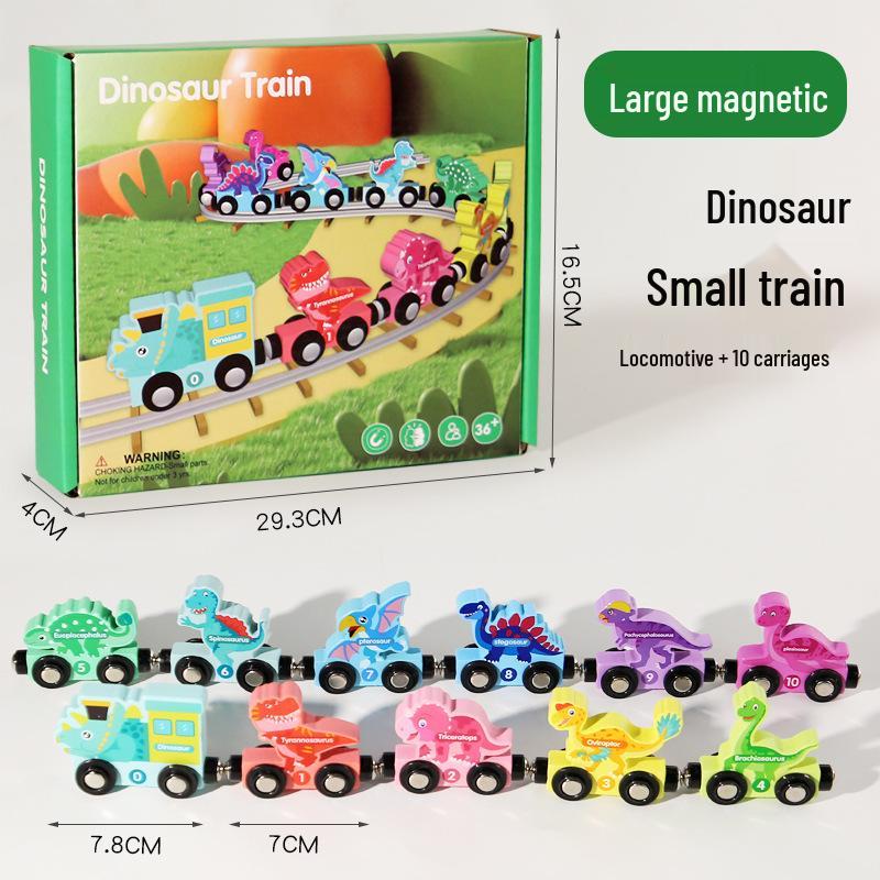 Dinosaur Wooden Magnetic Number Train - Children's Educational Pull-Along Toy with Cartoon Animal Building Blocks