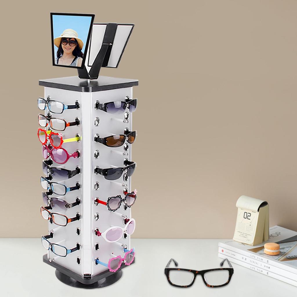 360° Rotating Eyeglasses Display Stand - 44-Pair Capacity,  Aluminum Composite & Wood Construction, Silver/Black - with Adjustable Mirrors