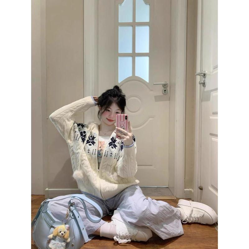 

Fur Collar Hood Korean Style Knitting Fairisland Zipper Cardigan Beige White S [Suggested 37.50 kg-45.00 kg]]