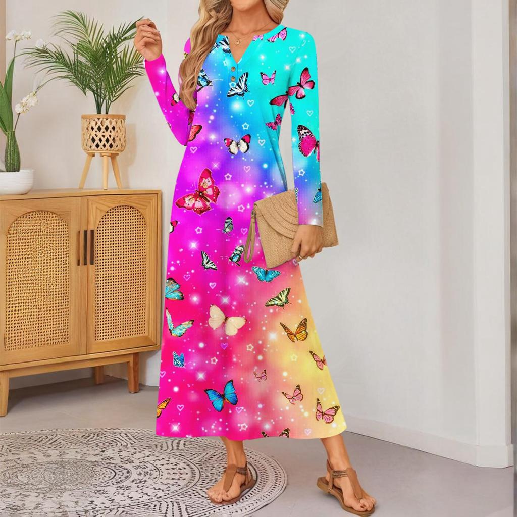 women retro printed long-sleeved comfortable loose dress, elegant dress