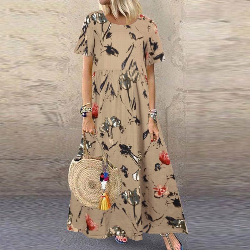 2026 Retro Floral Print Short-Sleeve Round-Neck Women s Dress S