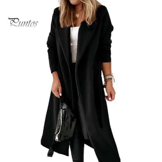 

Зимнее шерстяное женское пальто с поясом на шнуровке, свободное однотонное пальто с отложным воротником, кардиган с длинными рукавами, средней длины, куртка для свиданий и поездок на работу XXL чёрный