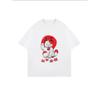 Oversize Women's Short-Sleeve T-Shirt with Red & White Maneki-neko Text and Cherry Blossom Decor Print