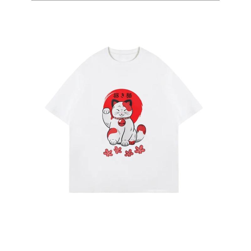 Oversize Women's Short-Sleeve T-Shirt with Red & White Maneki-neko Text and Cherry Blossom Decor Print