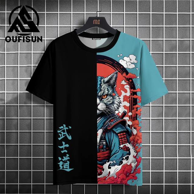 Japanese Anime Samurai Cat T-Shirt For Men 3d Animal Print Short Sleeve Tops Tees Casual T-Shirt Oversized Shirt  Men Clothing