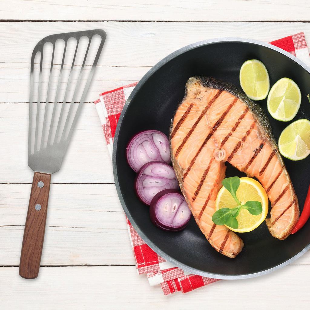 Fish Spatula With Wooden Handle, Slotted Fish Turner Spatula With Sloped Head Design, Kitchen Spatula Tool
