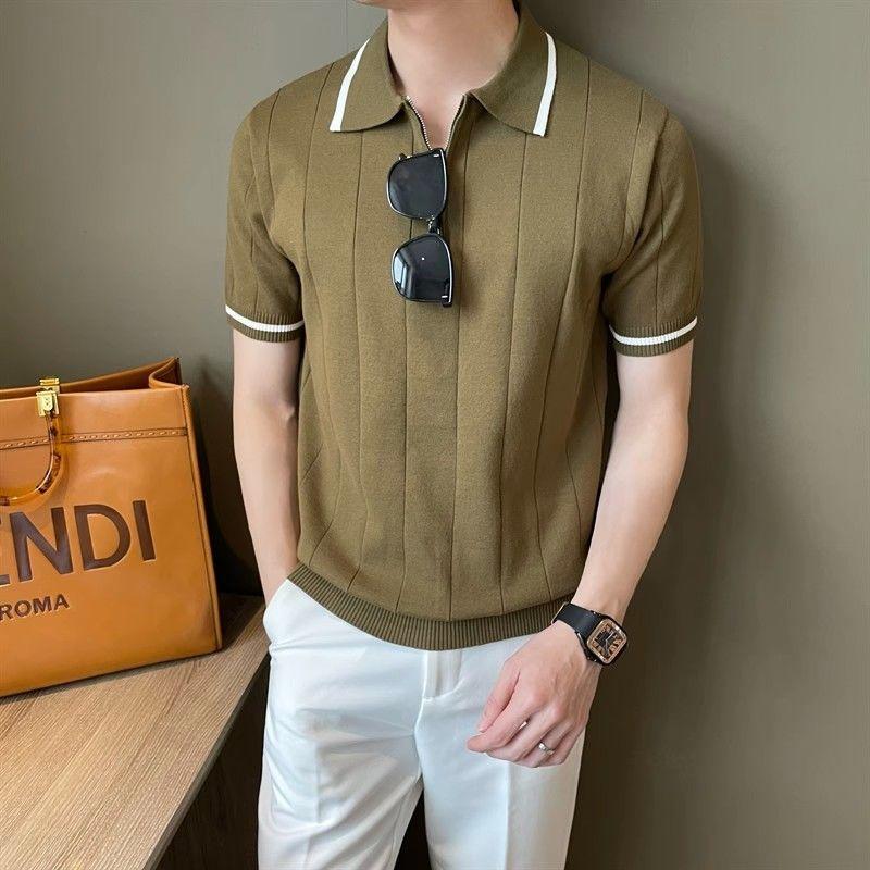 Men Summer Vintage Half Zipper Polo Collar Knitted T Shirt Simple Business Casual Short Sleeve Slim Pullover Tops