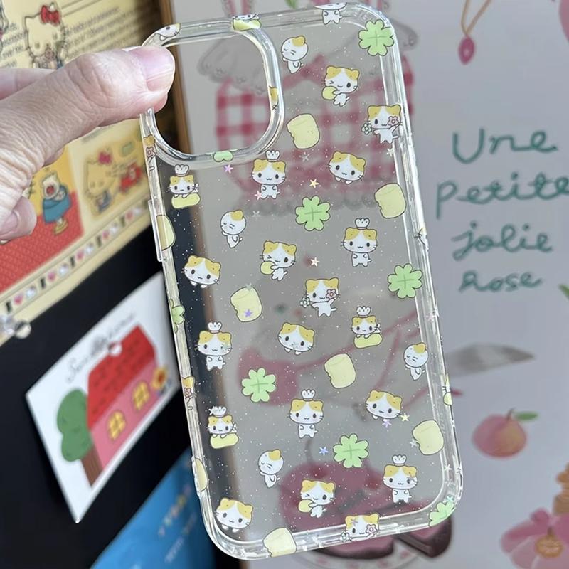 Japan INS Creative Cute Clover Cotton Candy Cat Glitter Phone Case For iPhone 16 15 14 13 12 11 Pro Max XR MAX 78Plus Y2k Cover