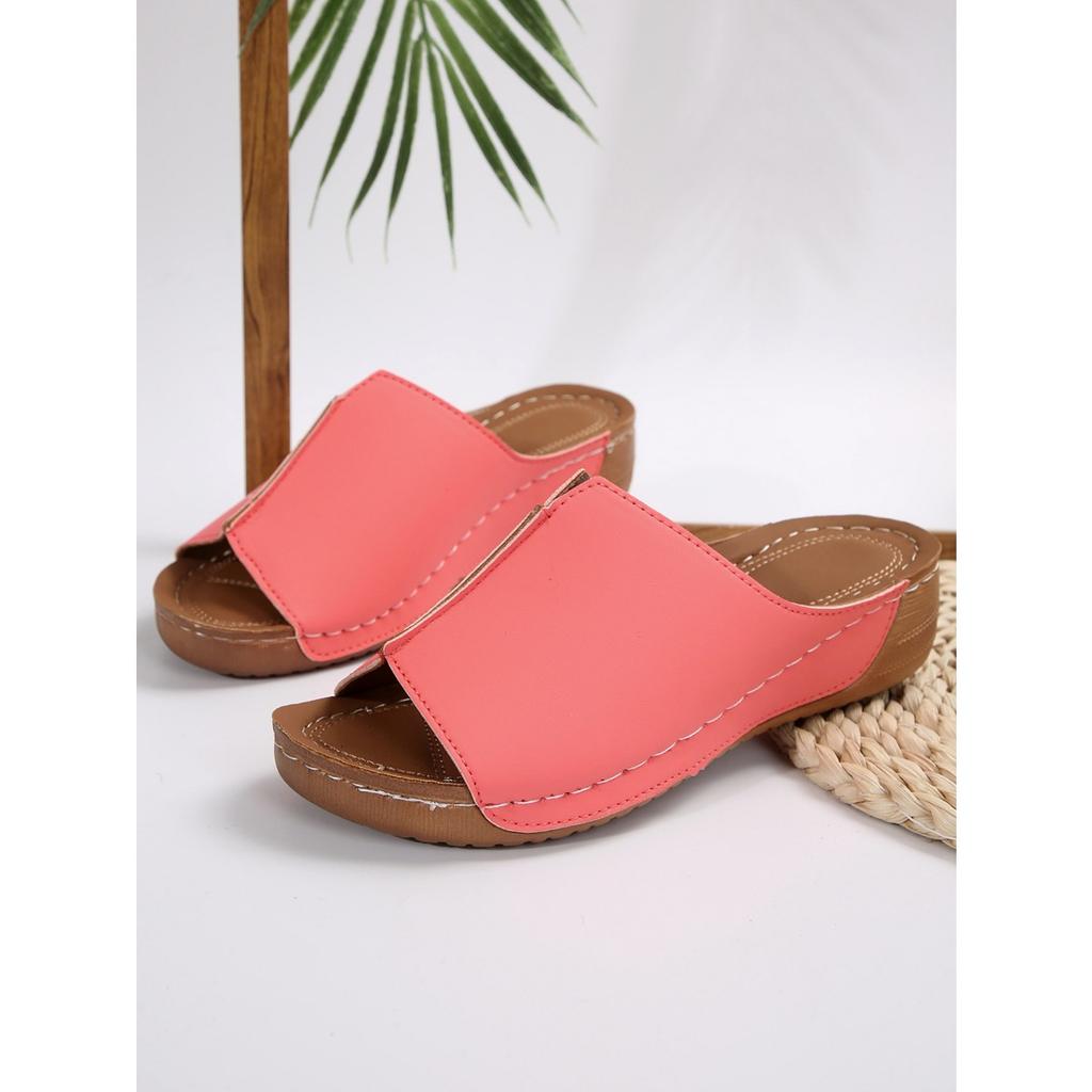 Slope Heel Thick Bottom Slippers,Women's Large Size Round Head Casual One Foot Stirrup Solid Color Slope Heel Sandal Slippers Women Outer Wear