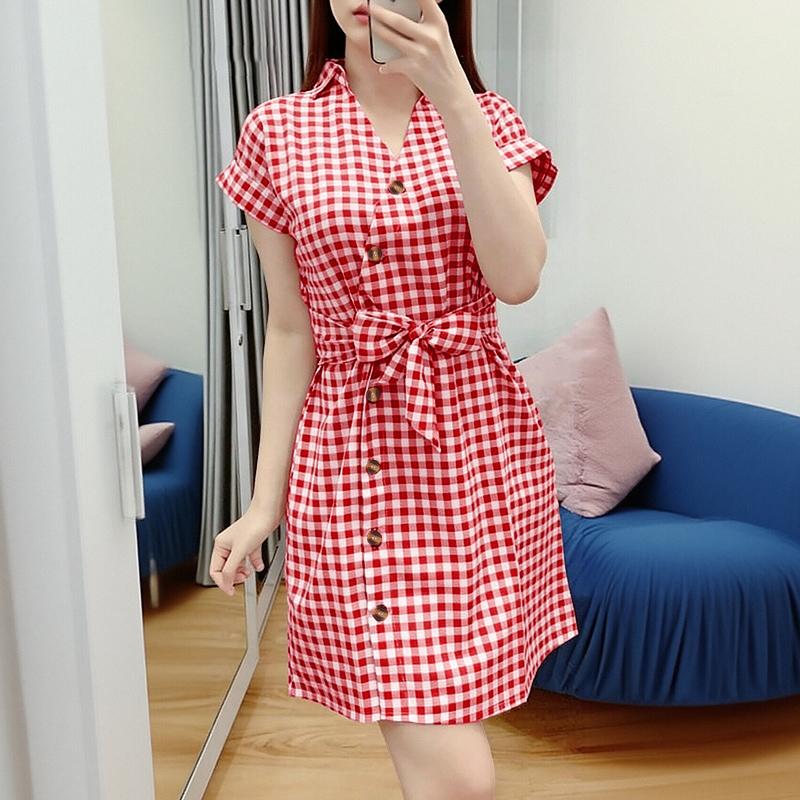 ZANZEA Women Casual V-Neck Short Sleeve Plaid Print Dress