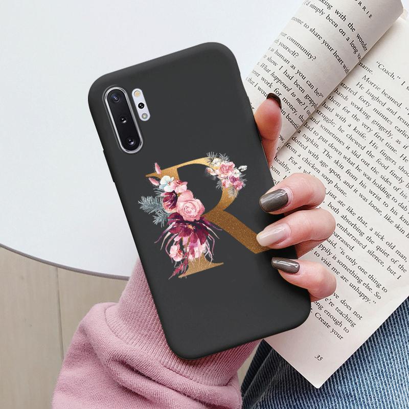 For Samsung Galaxy Note 10 Note10 Plus Case Flower Gold Letter A Z Shockproof Soft Silicone Phone Cover For Samsung Note 10+ Bag