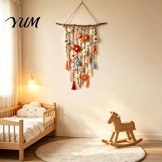 Easy to Install Wall Ornaments Bohemian Crochet Flower Hanging Tapestry, Handmade Tassels Decor Textile Decoration with Wooden Stick, Living