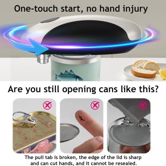 Electric Can Opener Stainless Steel Blade One-Touch Automatic Can Opener Ergonomic Handle Safety Button Hands Free Kitchen Gadget